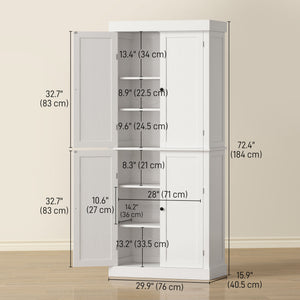 72.5" Freestanding Kitchen Pantry Cabinet with 4 Doors, White