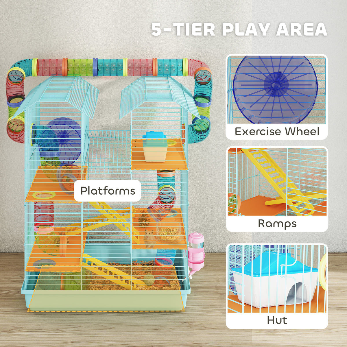 18.5" Hamster Cage, 5 Tiers Small Animal House with Tunnel Tube System, Exercise Wheel, Water Bottle, Blue – view 17