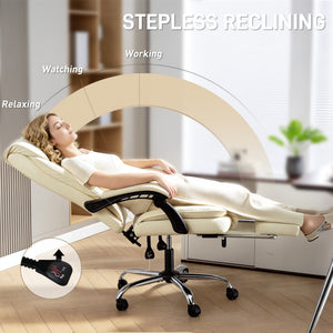 Executive Office Chair, Pet-Friendly Leather Ergonomic Desk Chair with Footrest, Swivel Recliner, Beige – view 3