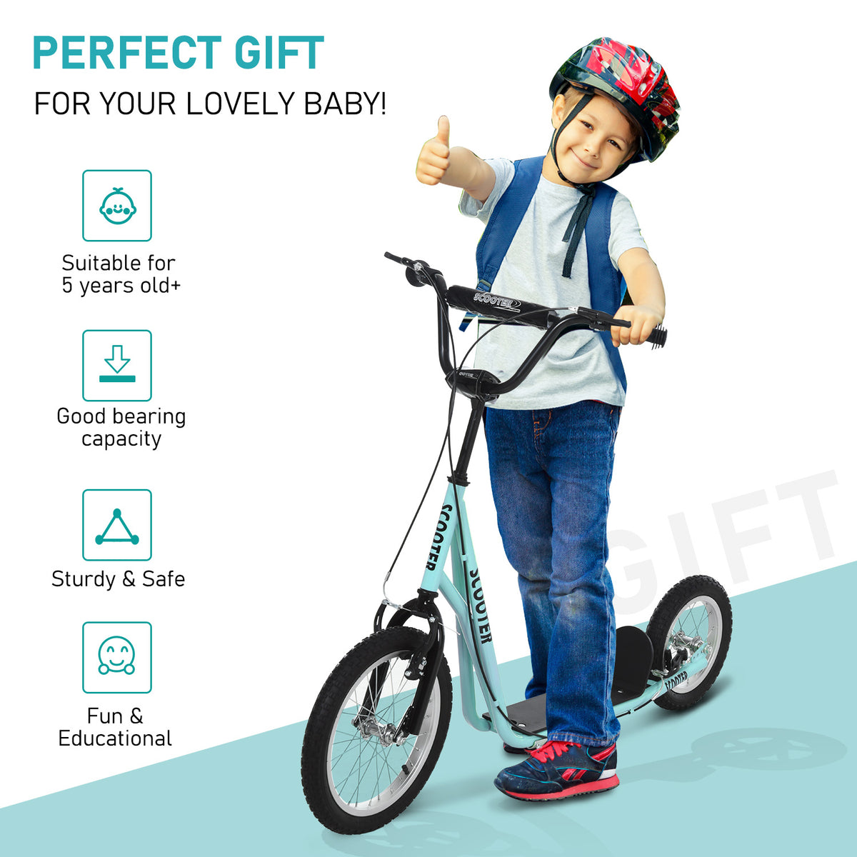 Aosom Youth Kick Scooter with Adjustable Handlebar and 16'' Inflatable Rubber Wheel for Kids and Teens 5+ Year Old
