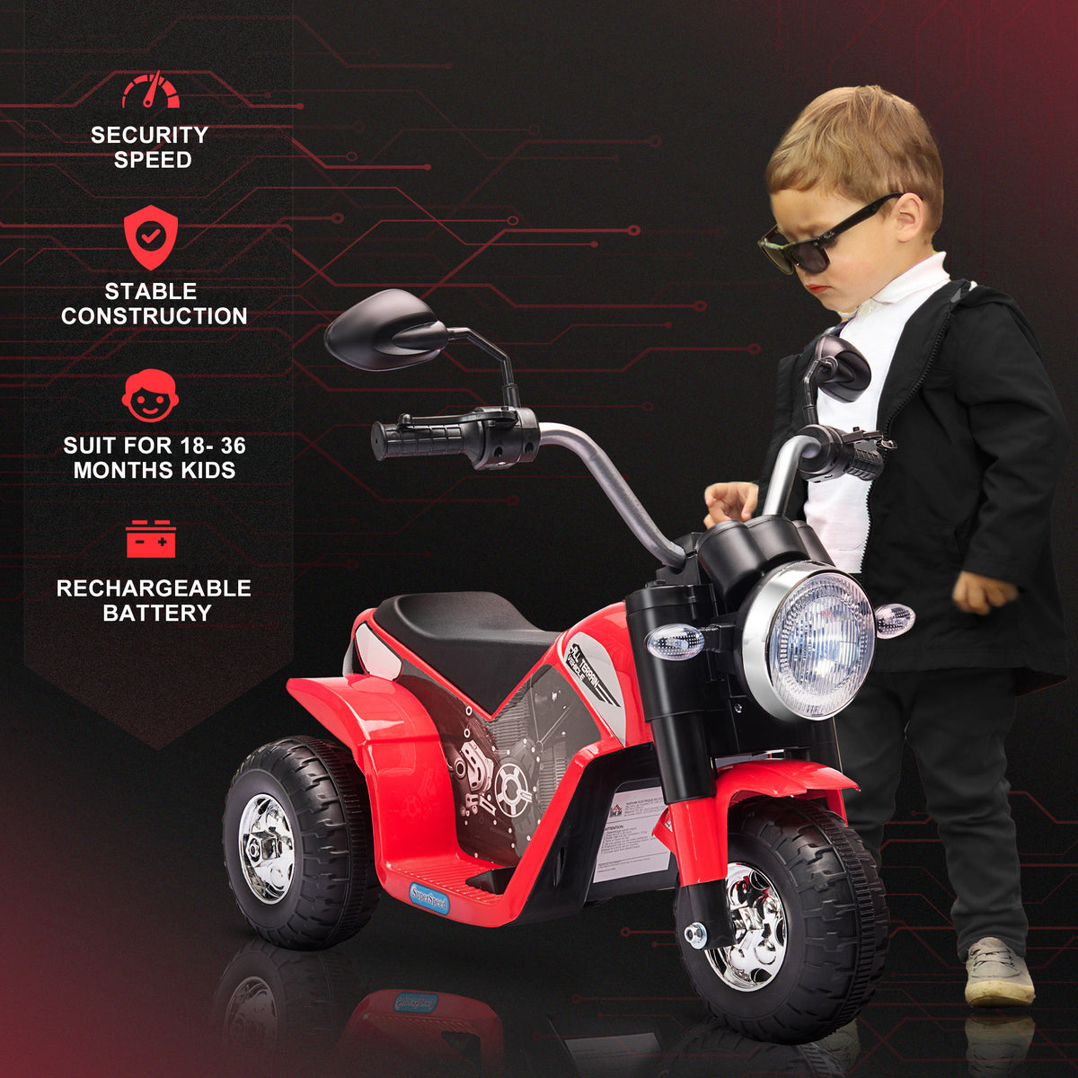 Aosom Kids Electric Motorcycle 6V Battery Powered Ride-On Dirt Bike 3-Wheels Motorbike with Horn Headlights Realistic Sounds 1.24mph Speed for Girls Boy 18 - 36 Months