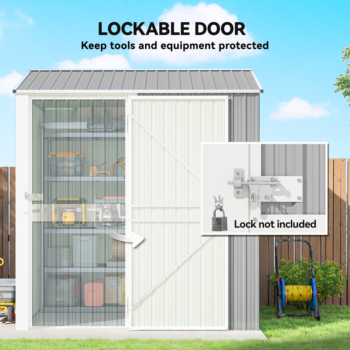 7' x 6' Tall Outdoor Storage Shed, Waterproof Metal Garden Shed with Gloves, Lockable Door, Dark Grey – view 12