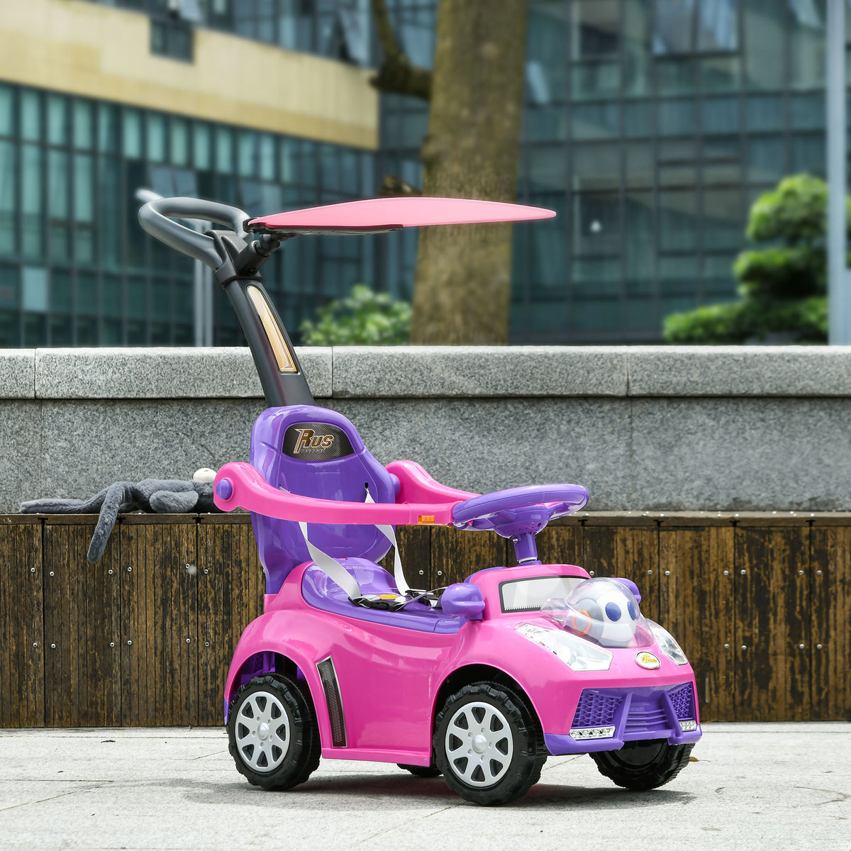 Qaba 3 in 1 Kids Push Car Toddler Sliding Car, Foot to Floor Design with Music, Light, Handle, Removable Canopy