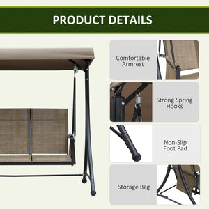 3 Person Porch Swing Outdoor Swing Chair with High Back Design, Side Pouches and Adjustable Canopy, Brown – view 5