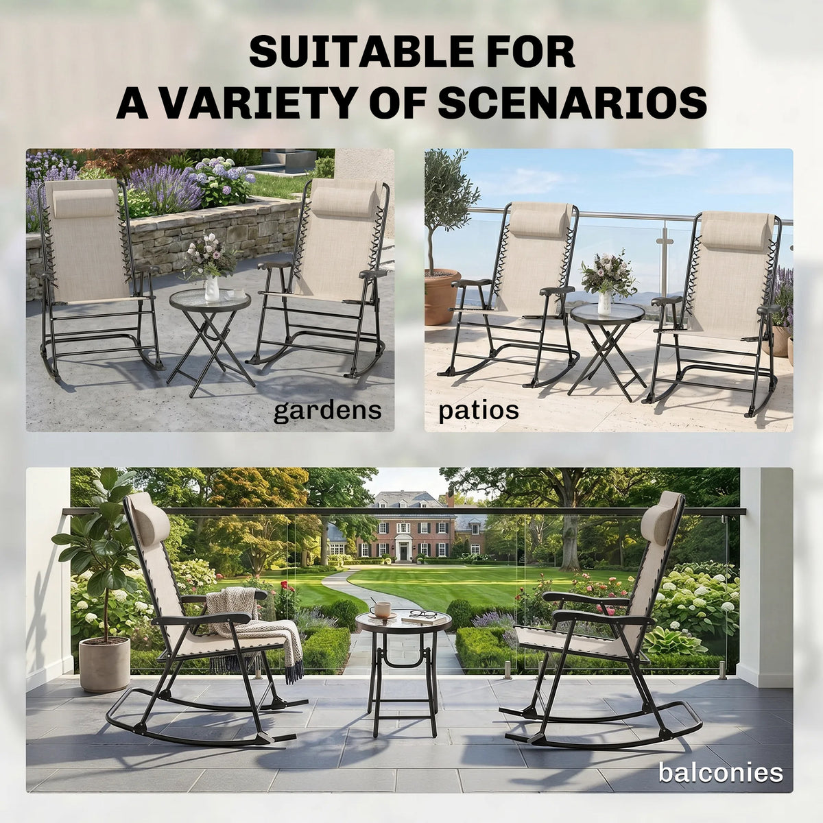 3pc Patio Rocking Chair Set, Folding Outdoor Rocking Chairs and Table Bistro Set w/ Breathable Mesh Seat – view 6