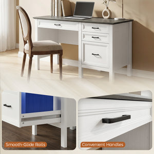 54" Farmhouse Executive Desk, Computer Desk with Drawers, Adjustable Hanging Rails for for A4/Letter Size Files, White