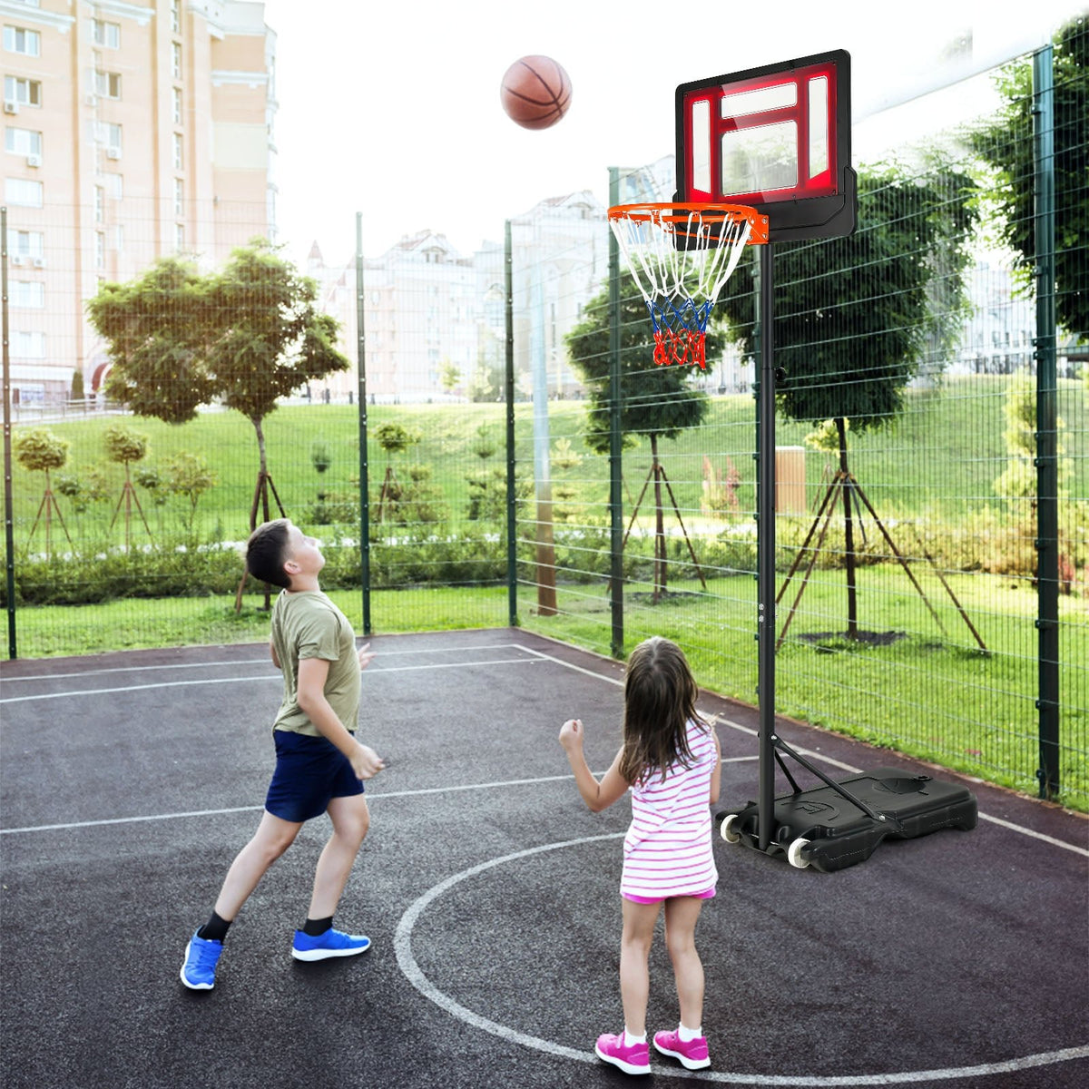 4.3-8.2 FT Portable Basketball Hoop with Adjustable Height and Wheels-Red view 3