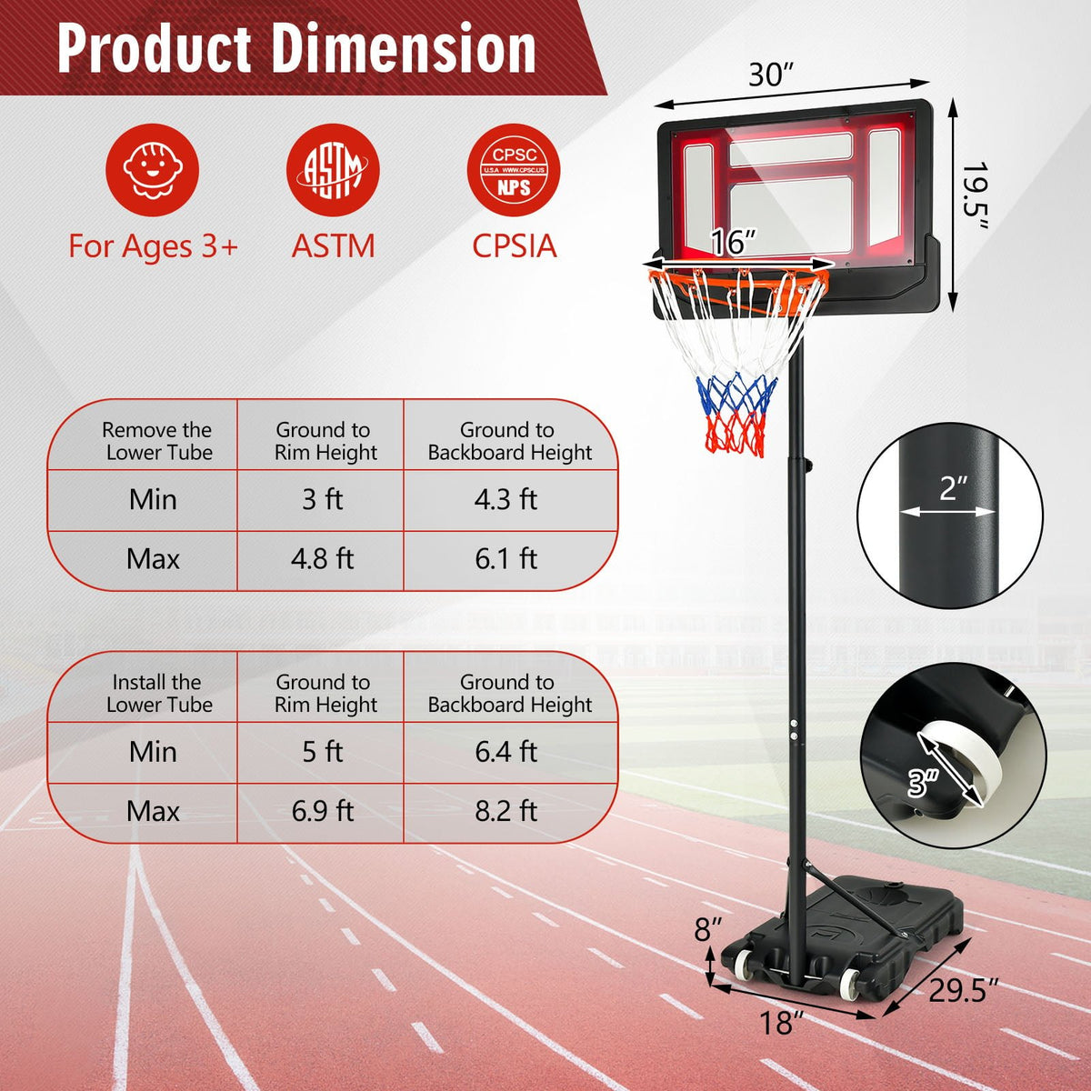 4.3-8.2 FT Portable Basketball Hoop with Adjustable Height and Wheels-Red view 5