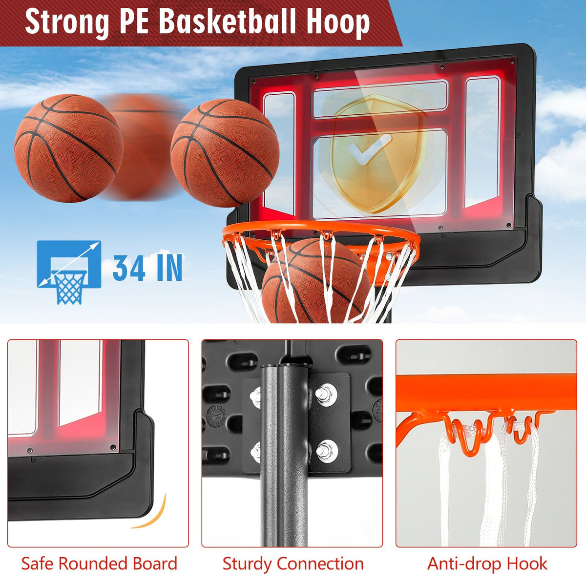 4.3-8.2 FT Portable Basketball Hoop with Adjustable Height and Wheels-Red view 7