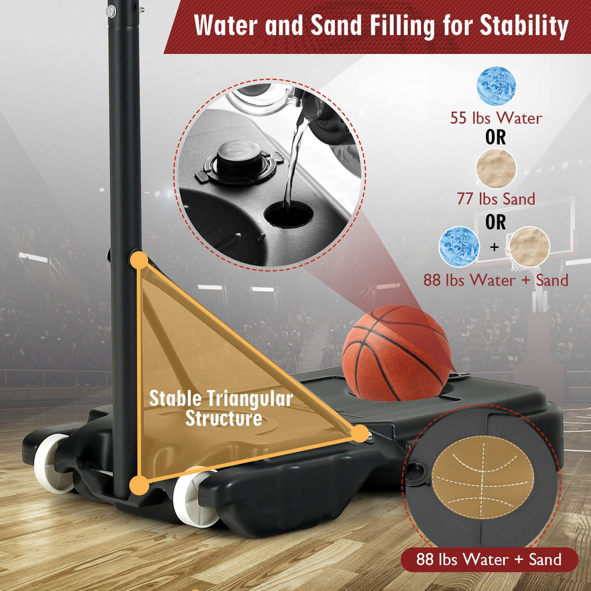 4.3-8.2 FT Portable Basketball Hoop with Adjustable Height and Wheels-Red view 8
