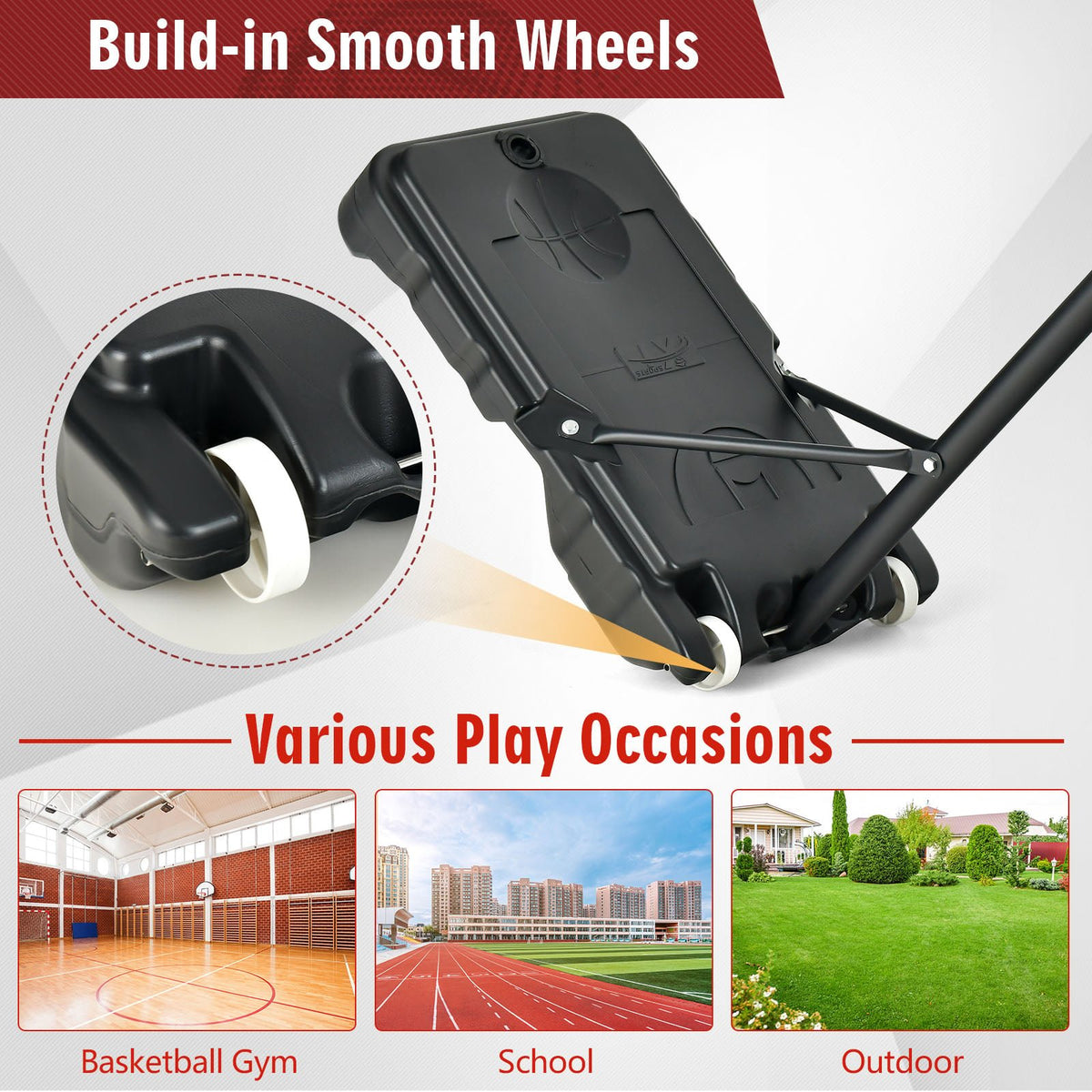 4.3-8.2 FT Portable Basketball Hoop with Adjustable Height and Wheels-Red view 9