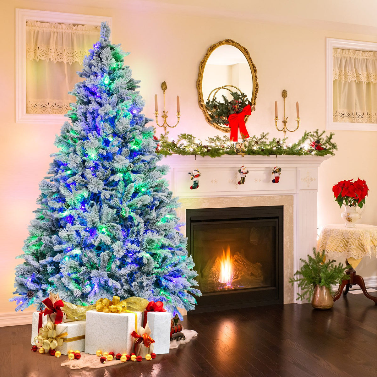 4.5/6/7 Feet Artificial Xmas Tree with Pine Needles and LED Lights-7 ft view 3
