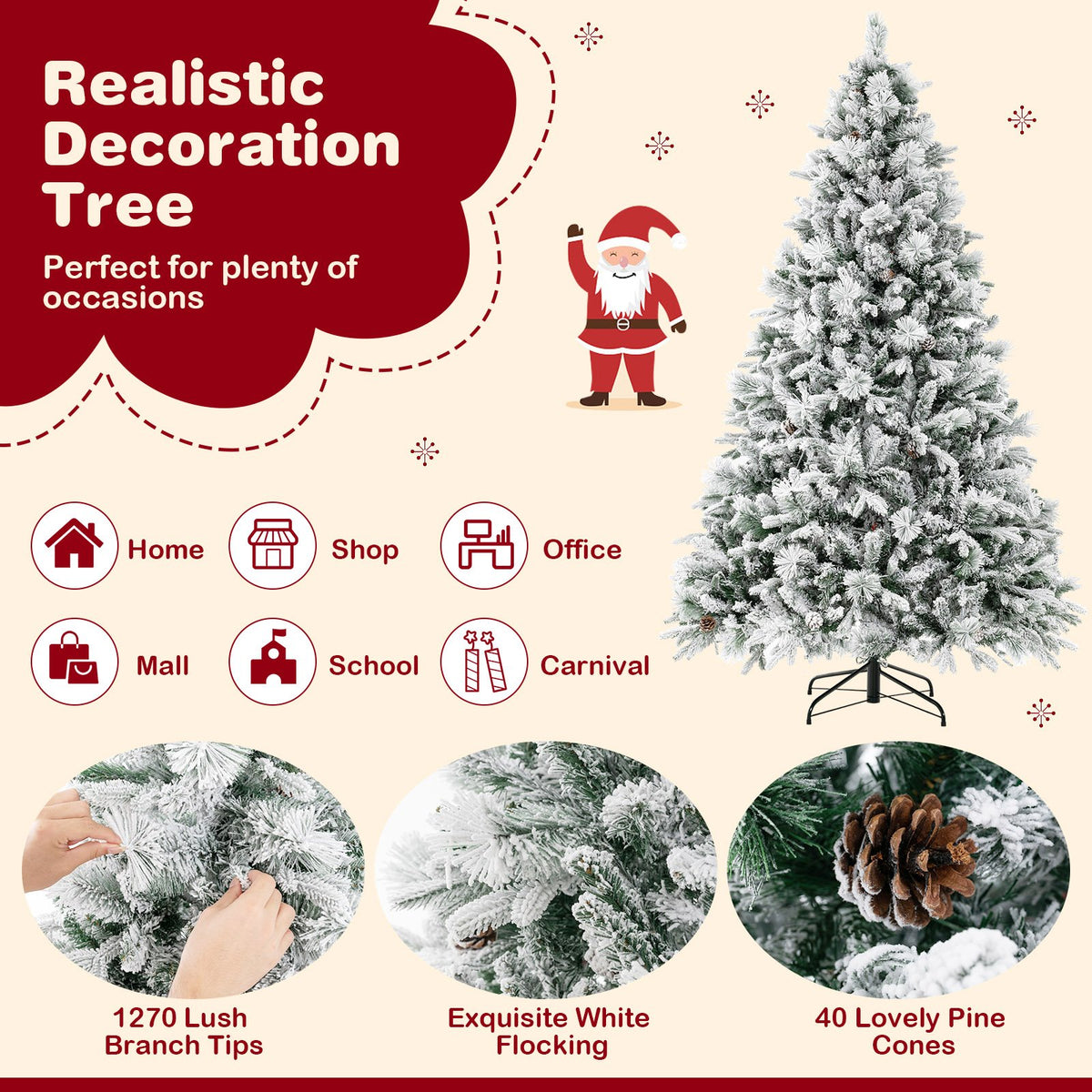 4.5/6/7 Feet Artificial Xmas Tree with Pine Needles and LED Lights-7 ft view 7