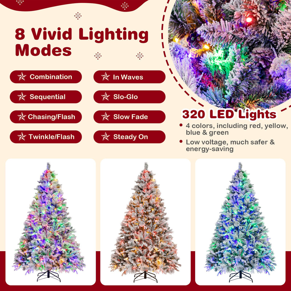 4.5/6/7 Feet Artificial Xmas Tree with Pine Needles and LED Lights-7 ft view 9