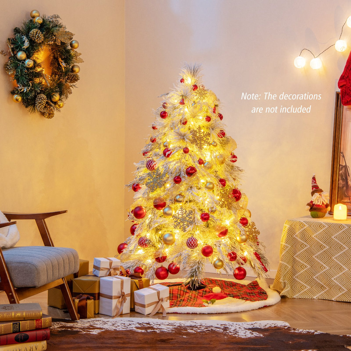 4.5/6/7 Feet Pre-Lit Snow Flocked Christmas Tree with Warm White LED Lights-4.5 ft view 2