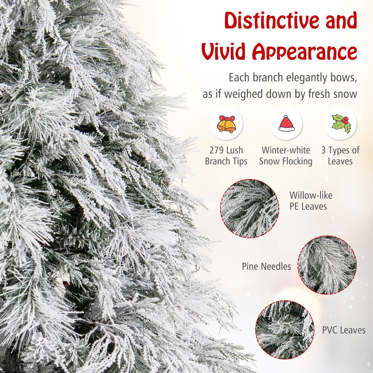 4.5/6/7 Feet Pre-Lit Snow Flocked Christmas Tree with Warm White LED Lights-4.5 ft view 6