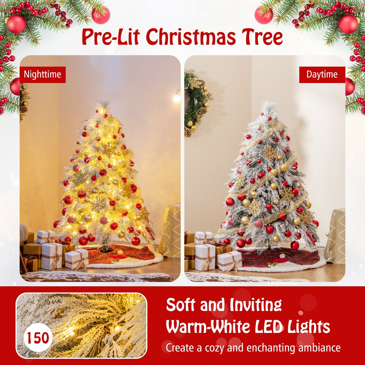 4.5/6/7 Feet Pre-Lit Snow Flocked Christmas Tree with Warm White LED Lights-4.5 ft view 7