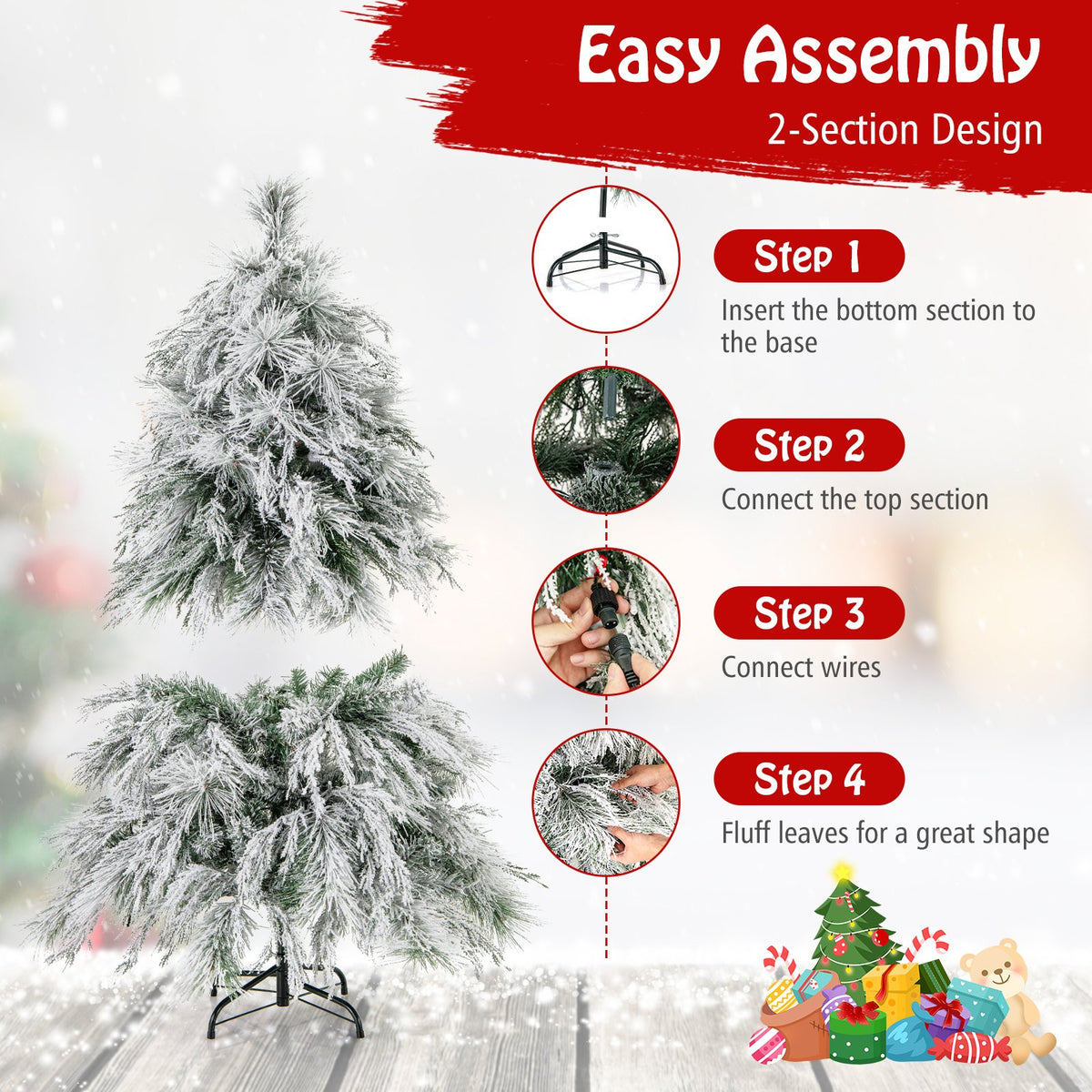 4.5/6/7 Feet Pre-Lit Snow Flocked Christmas Tree with Warm White LED Lights-4.5 ft view 8