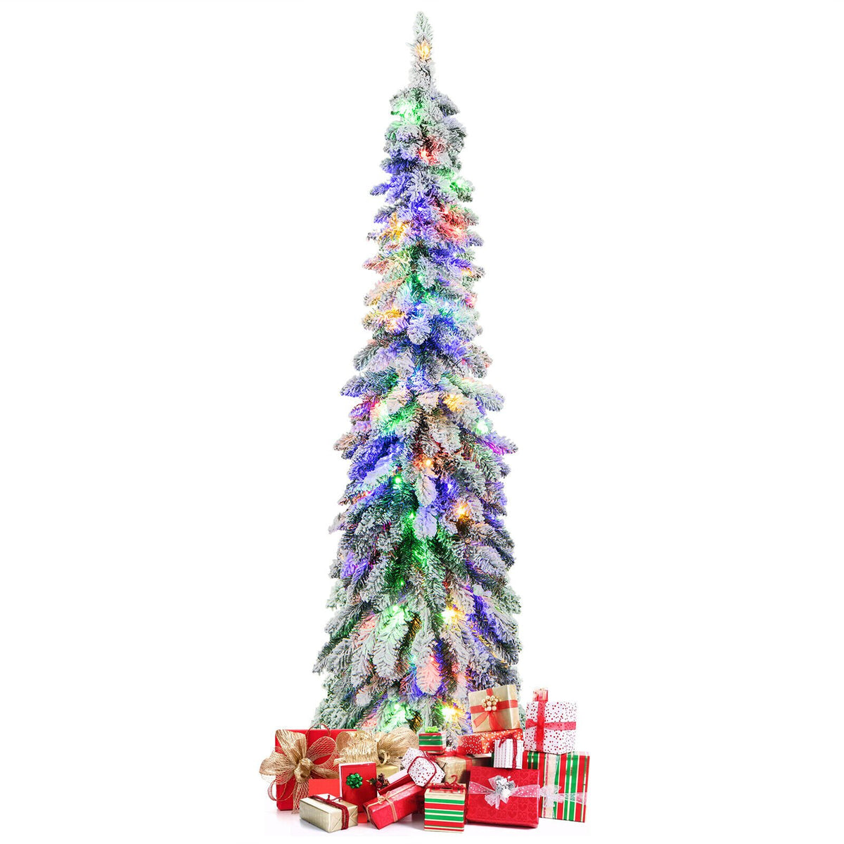 4/5/6 Feet Pre-Lit Artificial Christmas Tree Snow-Flocked Slim Pencil Xmas Decor-5 ft view 4