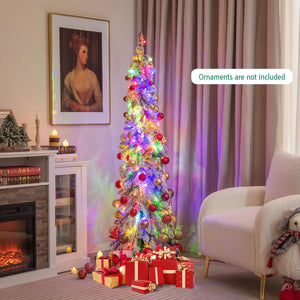 4/5/6 Feet Pre-Lit Artificial Christmas Tree Snow-Flocked Slim Pencil Xmas Decor-5 ft view 6