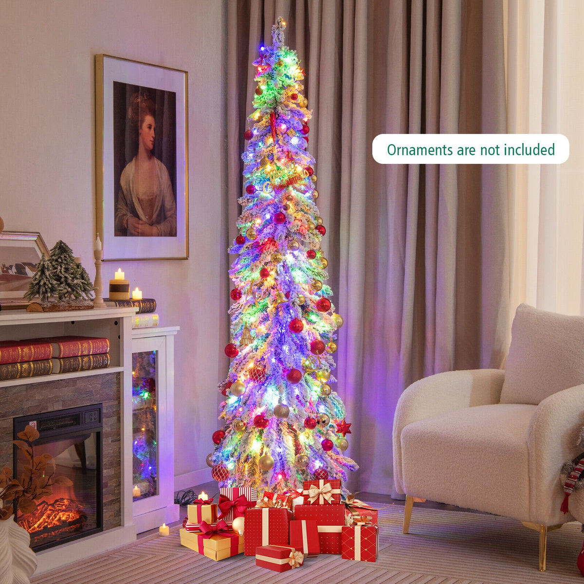 4/5/6 Feet Pre-Lit Artificial Christmas Tree Snow-Flocked Slim Pencil Xmas Decor-6 ft view 2