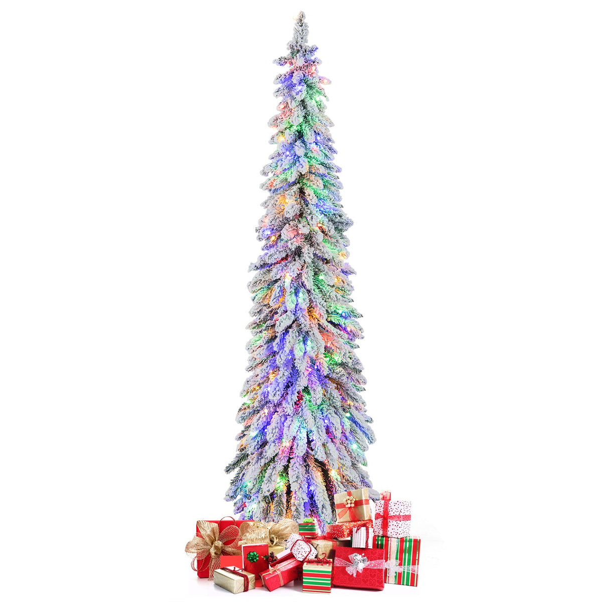 4/5/6 Feet Pre-Lit Artificial Christmas Tree Snow-Flocked Slim Pencil Xmas Decor-6 ft view 4