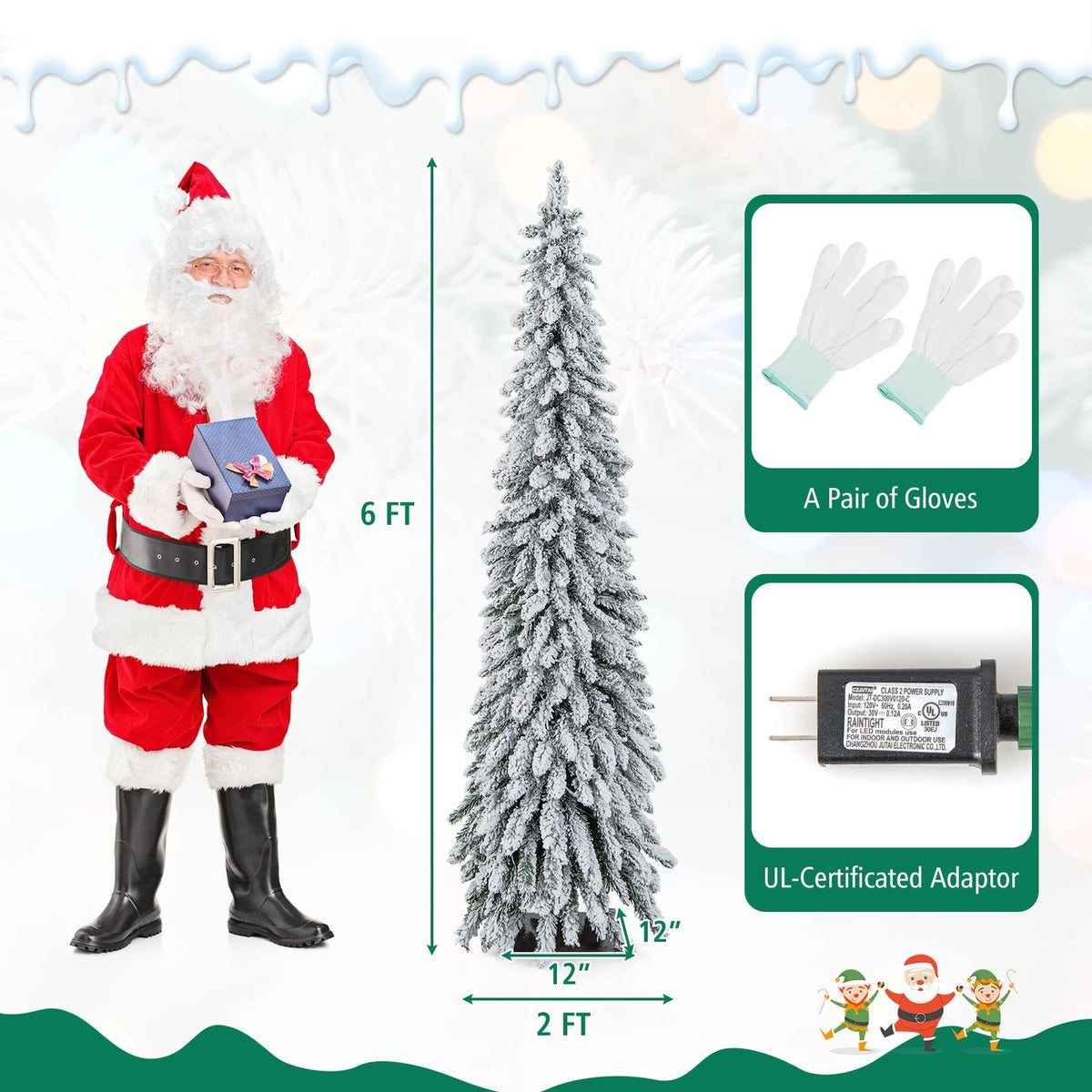 4/5/6 Feet Pre-Lit Artificial Christmas Tree Snow-Flocked Slim Pencil Xmas Decor-6 ft view 5