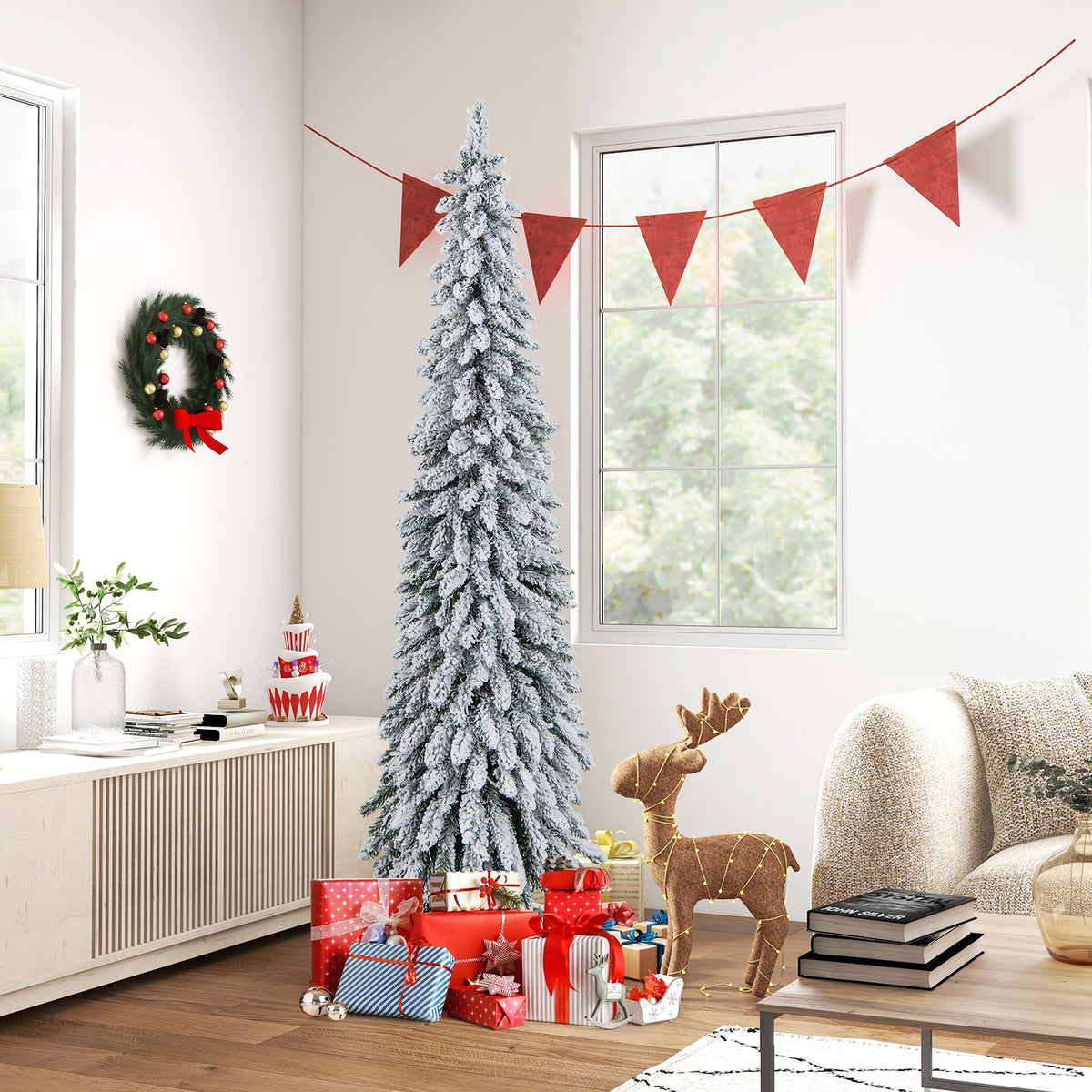 4/5/6 Feet Pre-Lit Artificial Christmas Tree Snow-Flocked Slim Pencil Xmas Decor-6 ft view 6