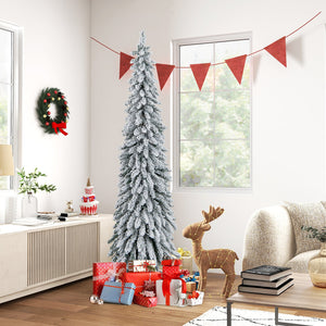 4/5/6 Feet Pre-Lit Artificial Christmas Tree Snow-Flocked Slim Pencil Xmas Decor-6 ft view 6
