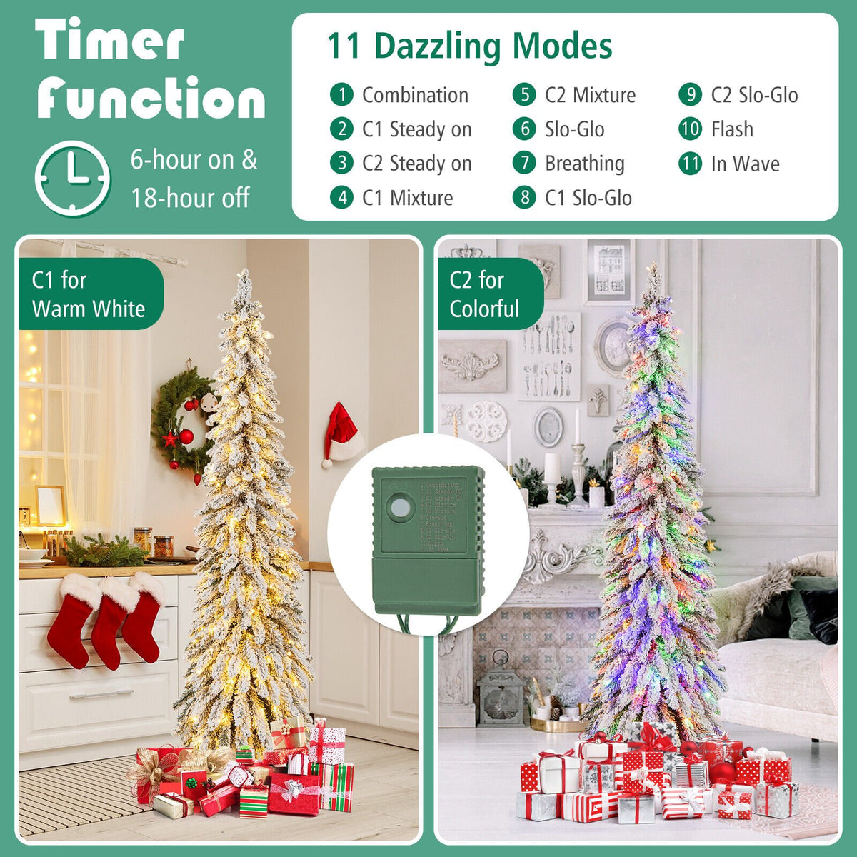 4/5/6 Feet Pre-Lit Artificial Christmas Tree Snow-Flocked Slim Pencil Xmas Decor-6 ft view 7
