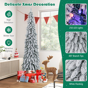 4/5/6 Feet Pre-Lit Artificial Christmas Tree Snow-Flocked Slim Pencil Xmas Decor-6 ft view 8