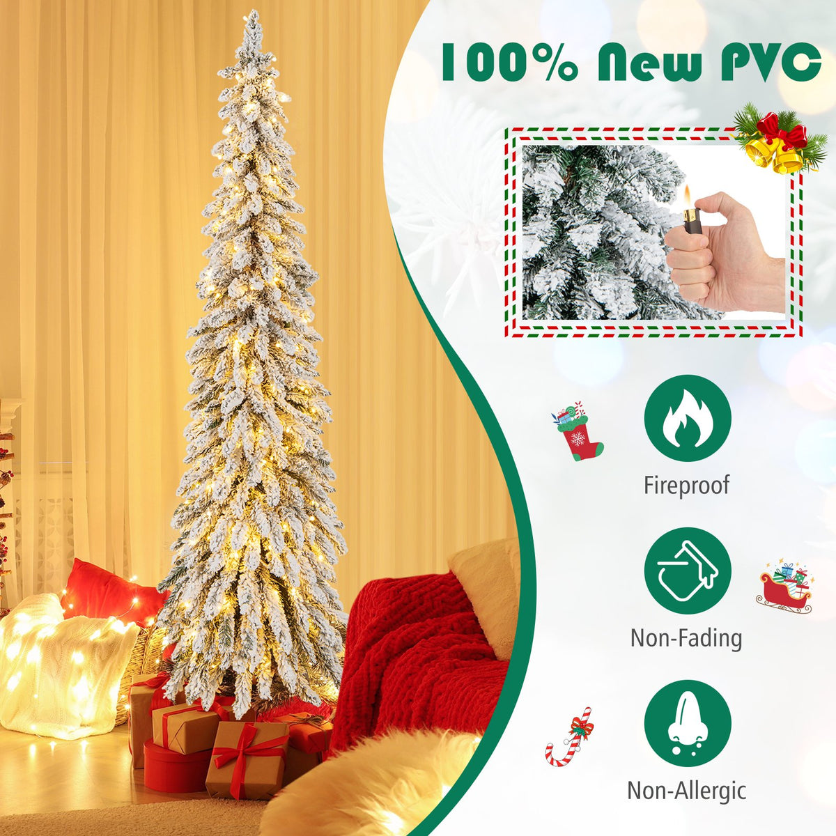 4/5/6 Feet Pre-Lit Artificial Christmas Tree Snow-Flocked Slim Pencil Xmas Decor-6 ft view 9