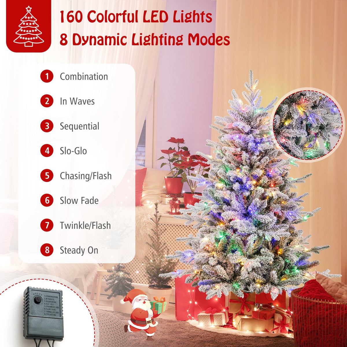 4.5 Feet Flocked Christmas Tree with 8 Lighting Modes and Multi-Color LED Lights-4.5 ft view 7