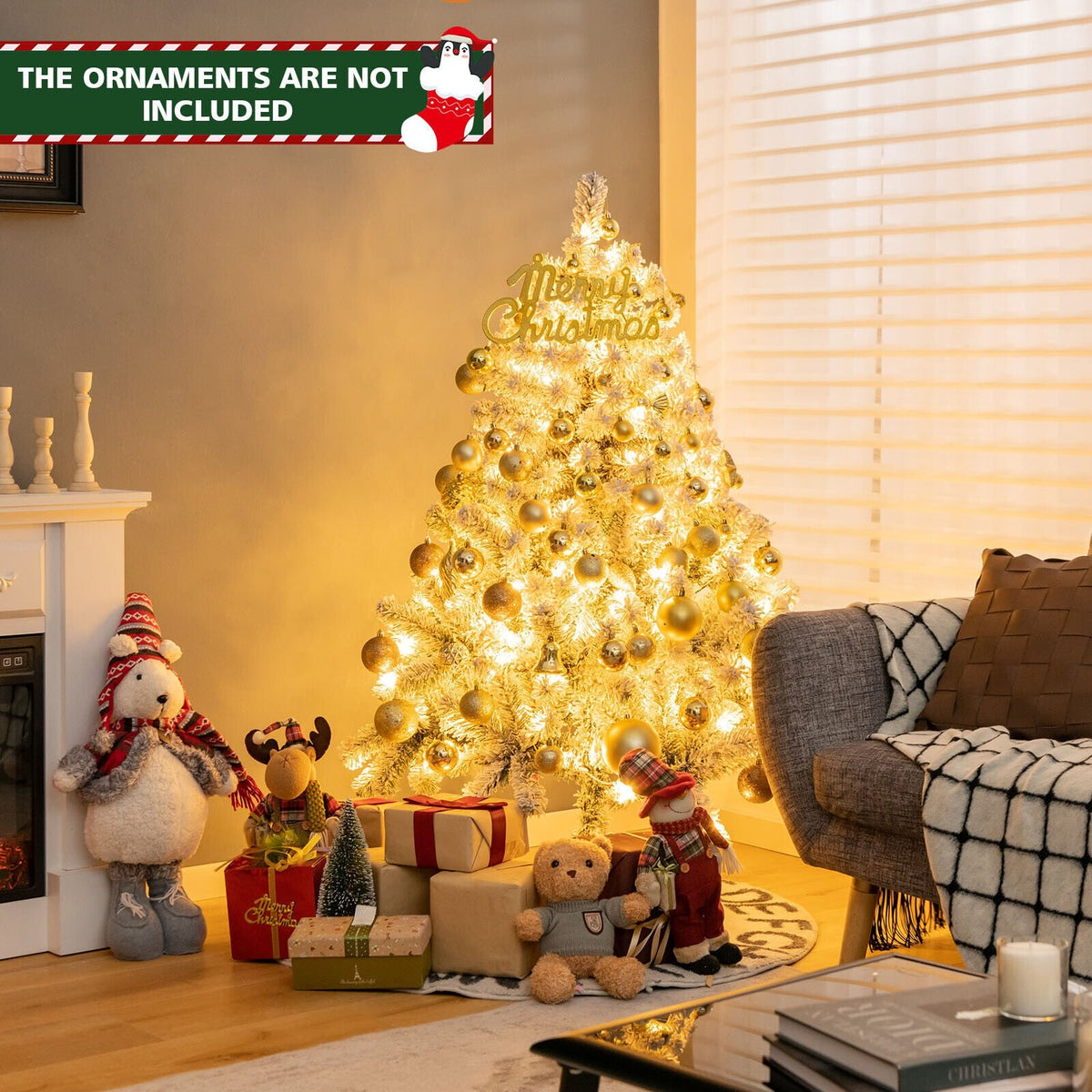 4.5 Feet Pre-Lit Premium Snow Flocked Christmas Tree with 150 Lights view 6