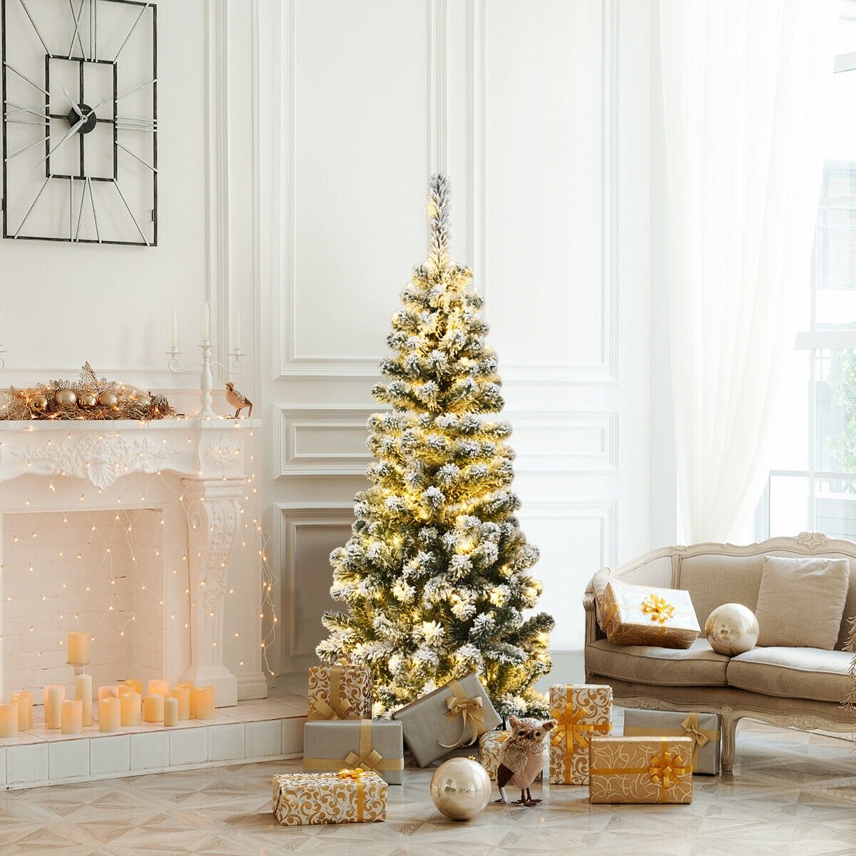 4.5 Feet Pre-Lit Snow Flocked Pencil Christmas Tree with 150 LED Light view 6