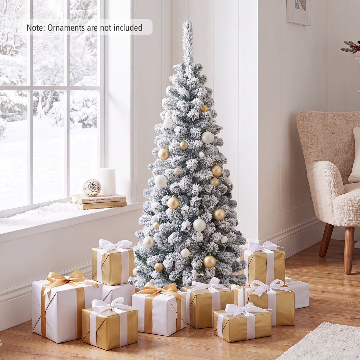 4.5 Feet Unlit Hinged Snow Flocked Artificial Pencil Christmas Tree with 242 Branch view 2