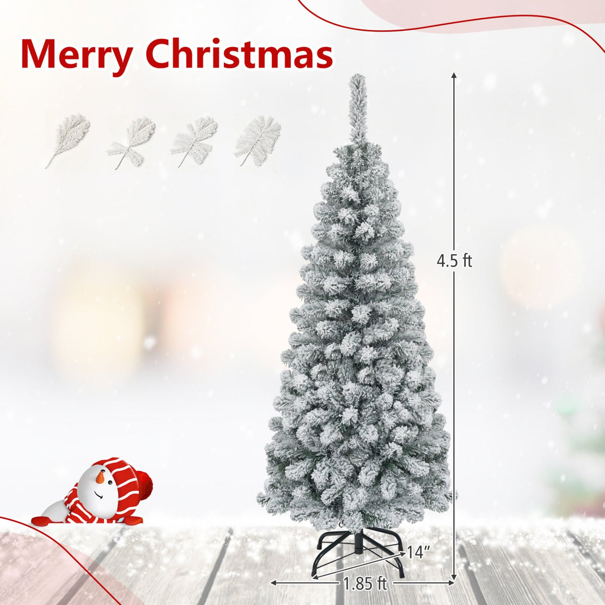 4.5 Feet Unlit Hinged Snow Flocked Artificial Pencil Christmas Tree with 242 Branch view 4