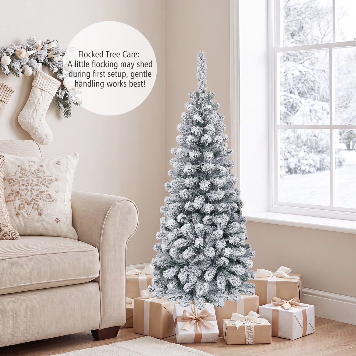 4.5 Feet Unlit Hinged Snow Flocked Artificial Pencil Christmas Tree with 242 Branch view 6