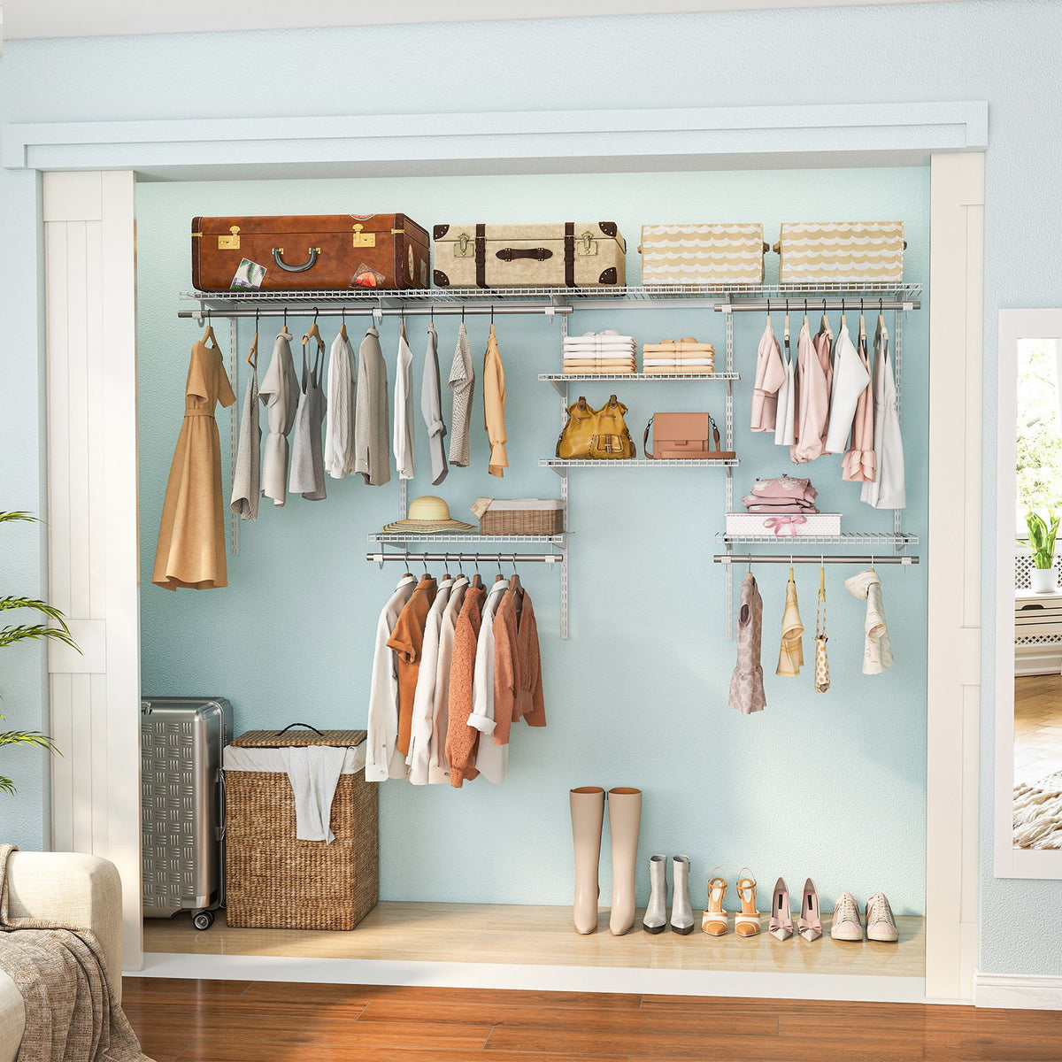 4-8 Feet Closet Organizers and Storage System with Hanging Rod for Laundry Bedroom-White view 2