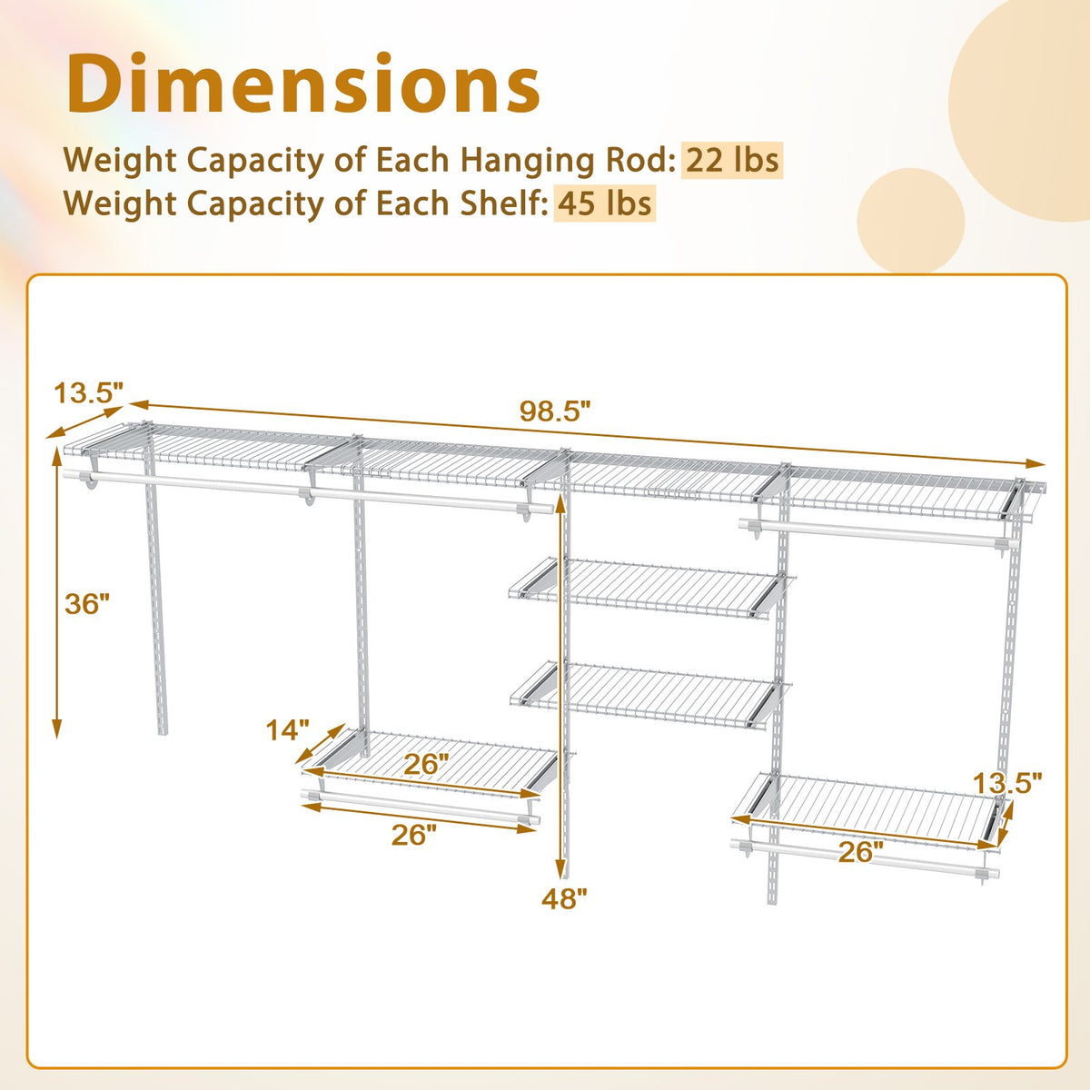 4-8 Feet Closet Organizers and Storage System with Hanging Rod for Laundry Bedroom-White view 5