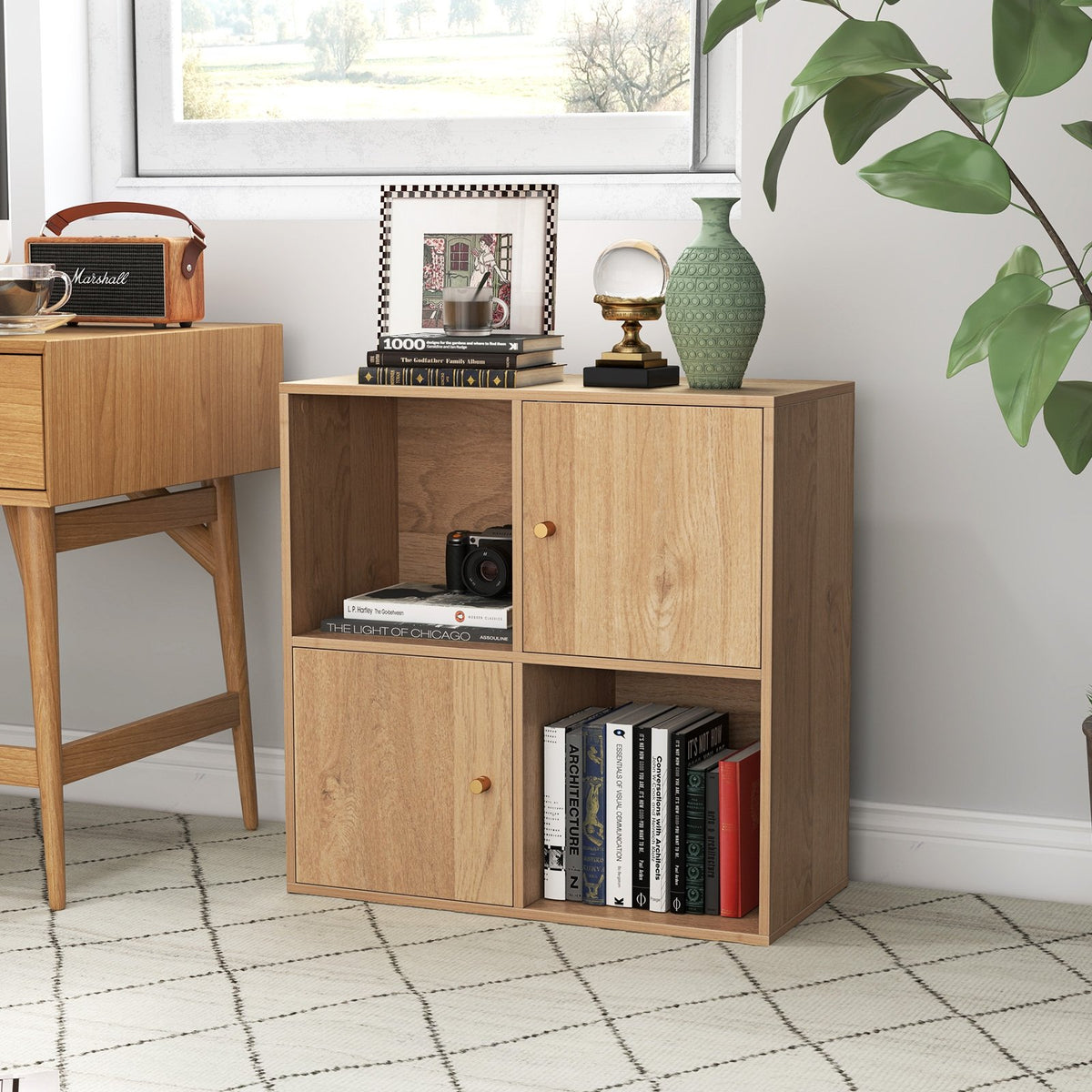 4-Cube Bookcase 3-Tier Bookshelf with Dual Anti-Tipping Kits and 2 Cabinets-Natural view 2