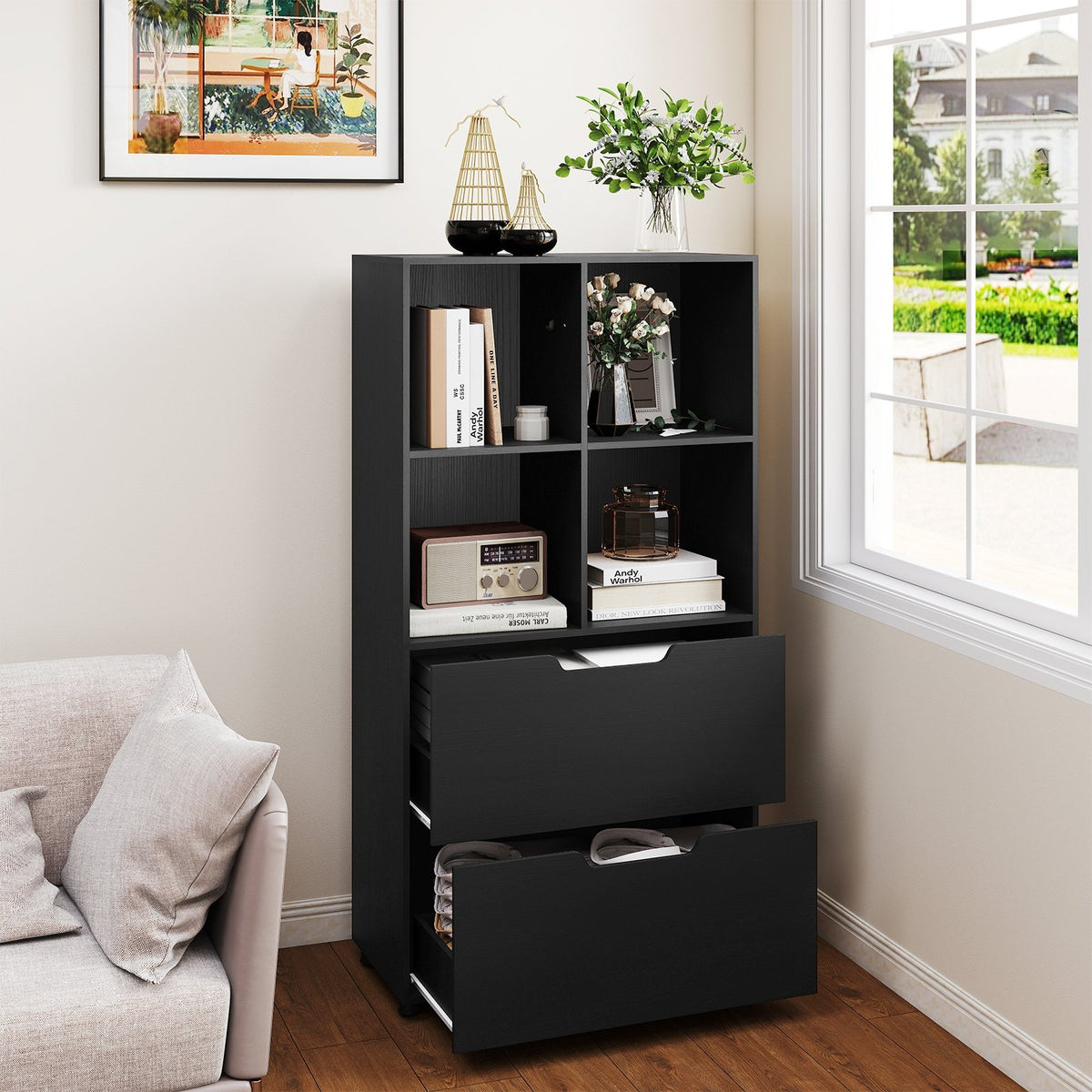 4-Cube Bookcase with 2 Drawers 51 inch 5-Tier Tall Freestanding Bookshelf-Black view 2