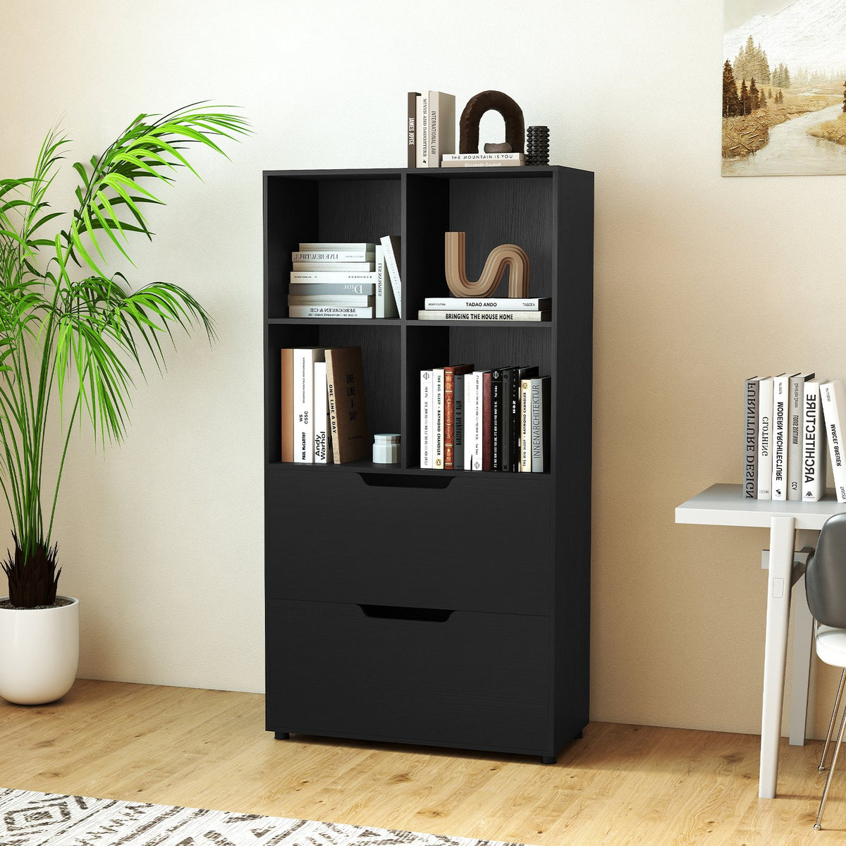 4-Cube Bookcase with 2 Drawers 51 inch 5-Tier Tall Freestanding Bookshelf-Black view 3