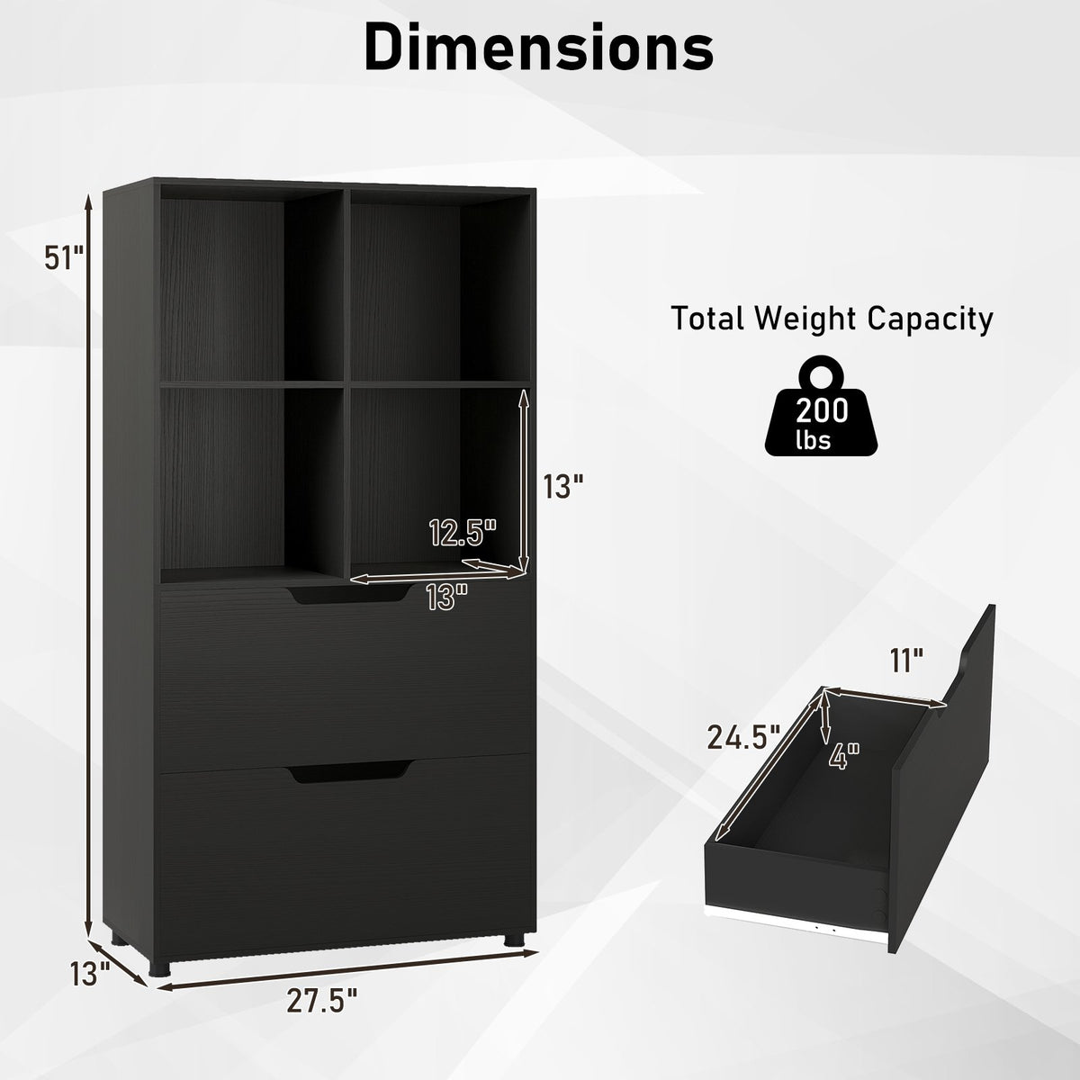 4-Cube Bookcase with 2 Drawers 51 inch 5-Tier Tall Freestanding Bookshelf-Black view 5