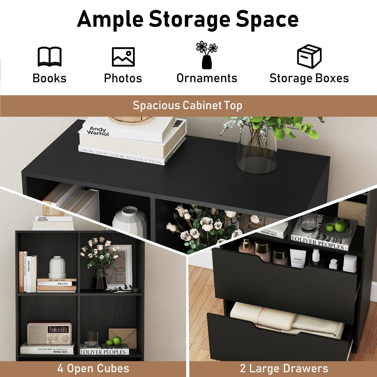 4-Cube Bookcase with 2 Drawers 51 inch 5-Tier Tall Freestanding Bookshelf-Black view 7