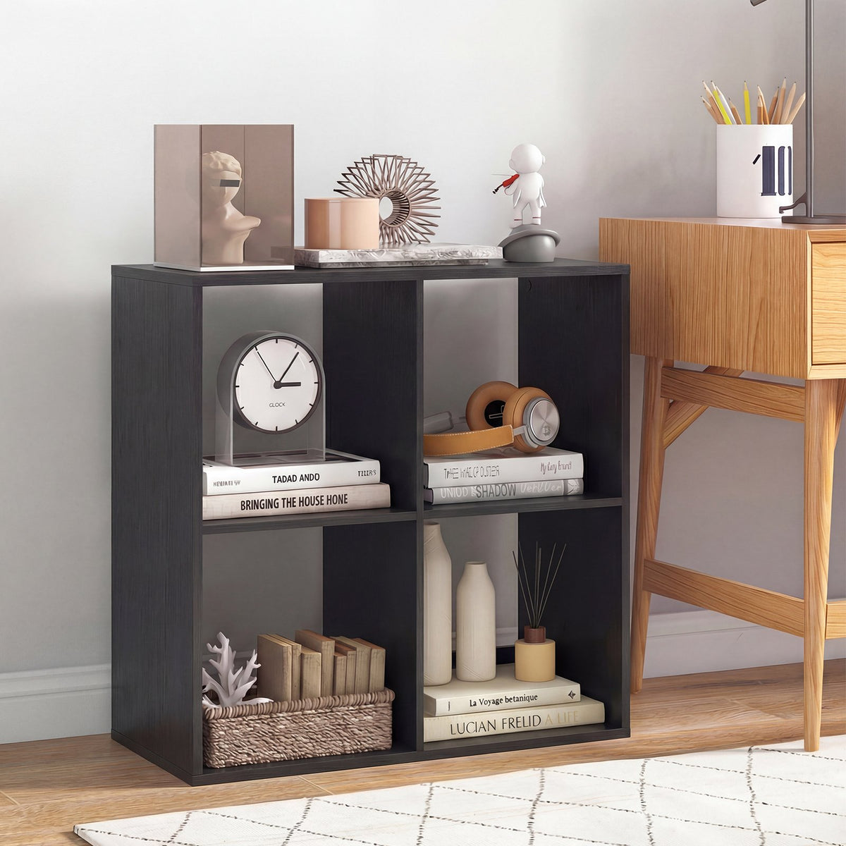 4 Cube Bookshelf with Back Guardrail for Living Room Bedroom-Black view 2