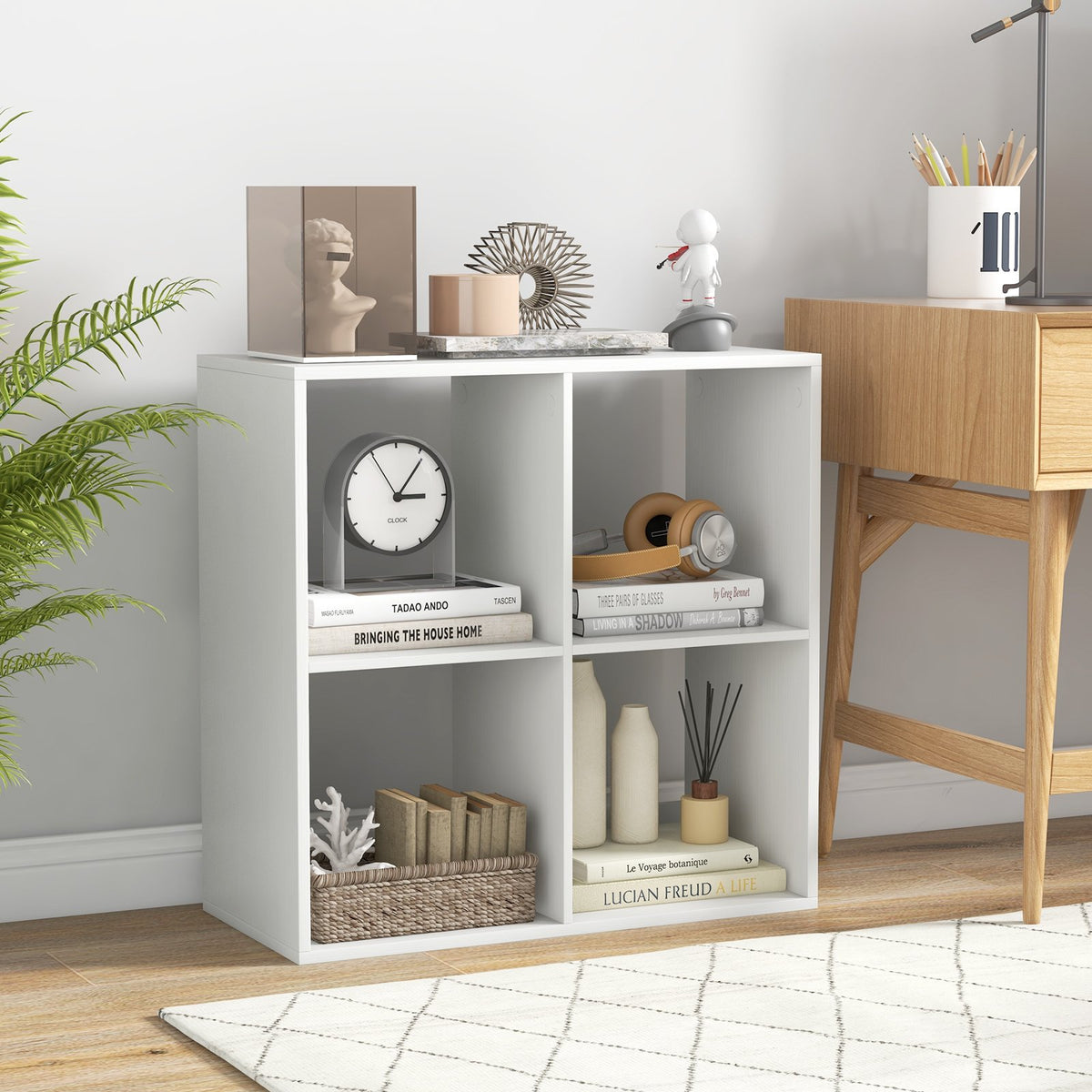 4 Cube Bookshelf with Back Guardrail for Living Room Bedroom-White view 2