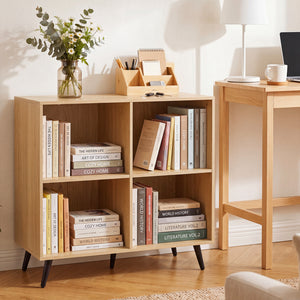 4-Cube Wooden Bookshelf Bookcase with 5 Metal Legs for Home-Natural view 2