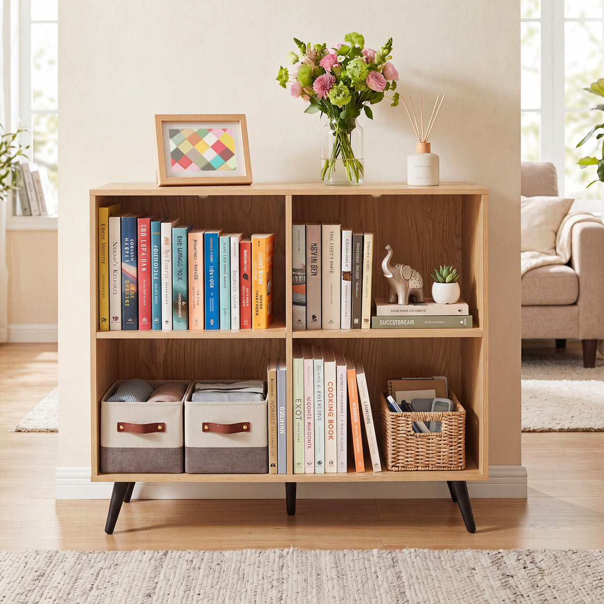 4-Cube Wooden Bookshelf Bookcase with 5 Metal Legs for Home-Natural view 3