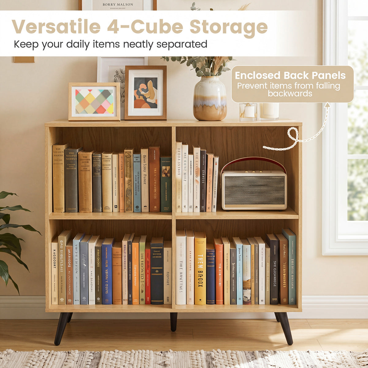 4-Cube Wooden Bookshelf Bookcase with 5 Metal Legs for Home-Natural view 7